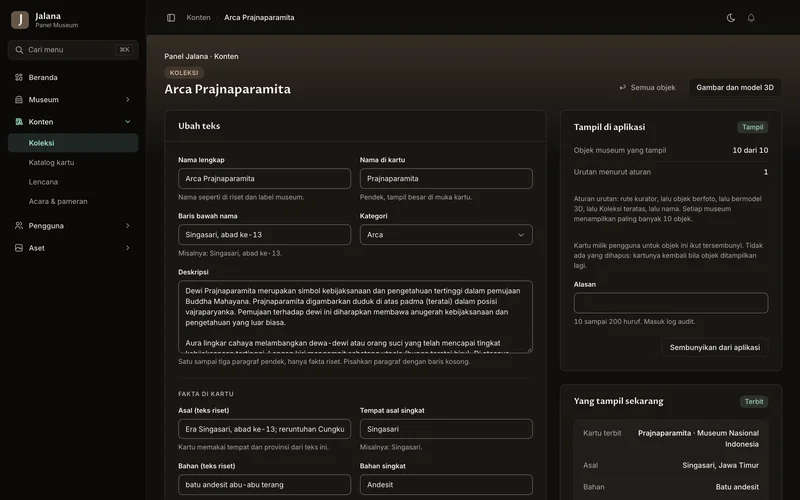 Editor koleksi Arca Prajnaparamita di panel museum: nama, nama di kartu, baris bawah nama, kategori, deskripsi, dan pengaturan Tampil di aplikasi.