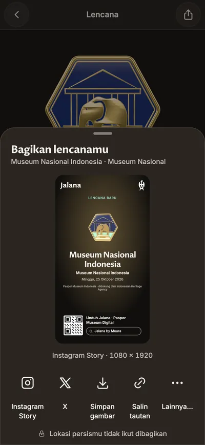 Lembar Bagikan lencanamu: gambar Instagram Story lencana Museum Nasional Indonesia, dengan pilihan Instagram Story, X, simpan gambar, salin tautan, dan aplikasi lain.