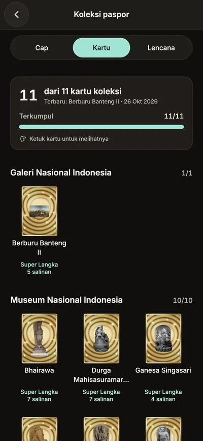 Koleksi paspor, tab Kartu: 11 dari 11 kartu koleksi, per museum.