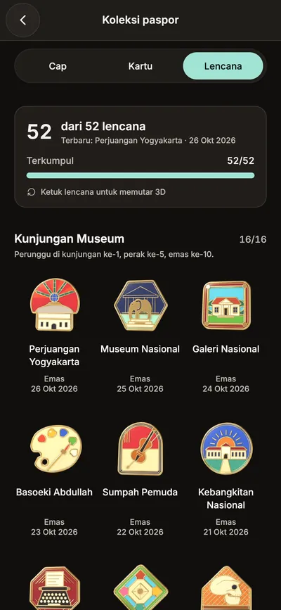Koleksi paspor, tab Lencana: 52 dari 52 lencana, dengan lencana kunjungan museum.