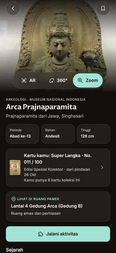 Halaman koleksi Arca Prajnaparamita: tombol AR, 360°, dan Zoom, dengan periode, bahan, dan tinggi.