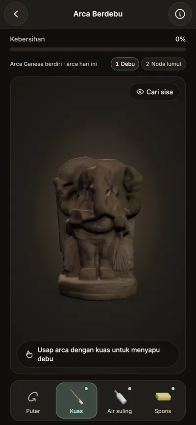 Main Harian, permainan Arca Berdebu: arca Ganesa 3D yang berdebu, dengan alat kuas, air suling, dan spons.