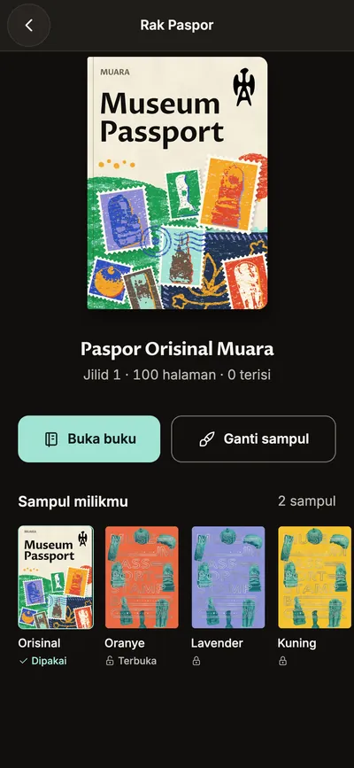 Rak Paspor: Paspor Orisinal Muara, tombol Buka buku dan Ganti sampul, dan empat sampul.