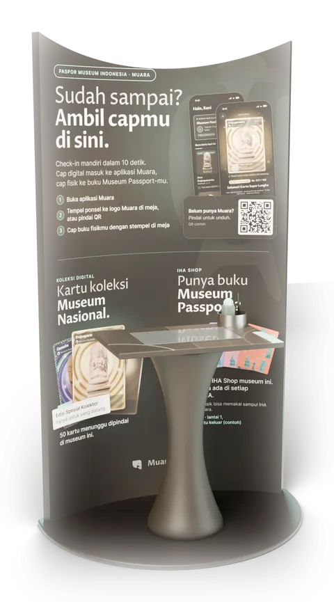 Render booth check-in Jalana: panel cetak melengkung, meja dengan cap, dan pelat check-in di atas tiang dan alas baja.