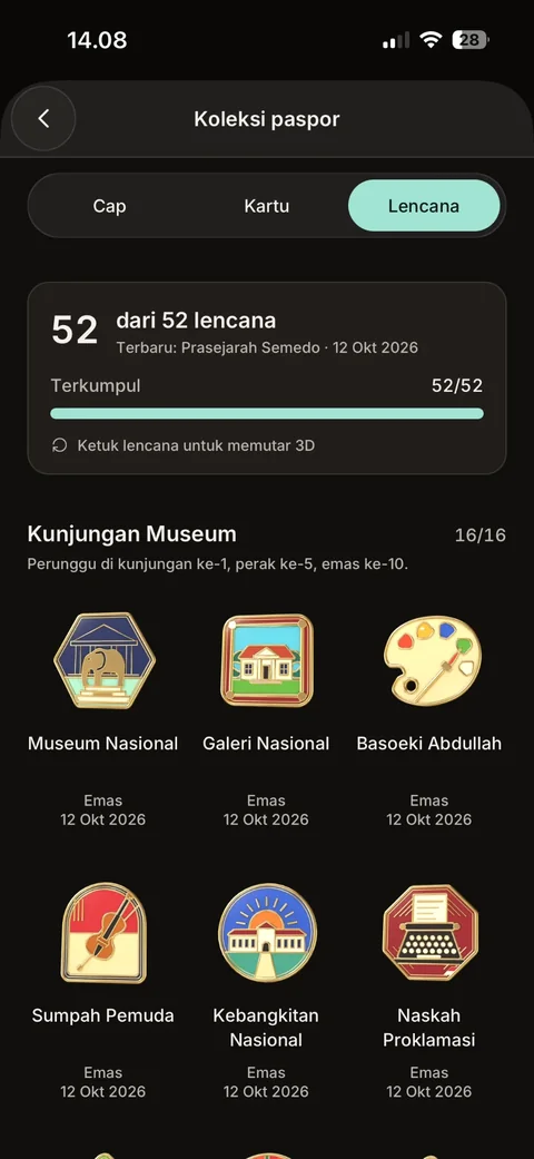 Koleksi paspor, tab Lencana: 52 dari 52 lencana terkumpul. Bagian Kunjungan Museum menampilkan lencana emas Museum Nasional, Galeri Nasional, Basoeki Abdullah, Sumpah Pemuda, Kebangkitan Nasional, dan Naskah Proklamasi.