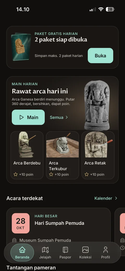 Beranda Jalana, bagian bawah. Ada paket gratis harian, Main Harian, dan Acara terdekat: Hari Sumpah Pemuda di Museum Sumpah Pemuda, 28 Oktober.